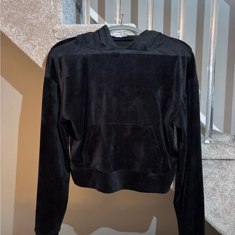 Black Velour Cropped Hoodie Sweatshirt - Women